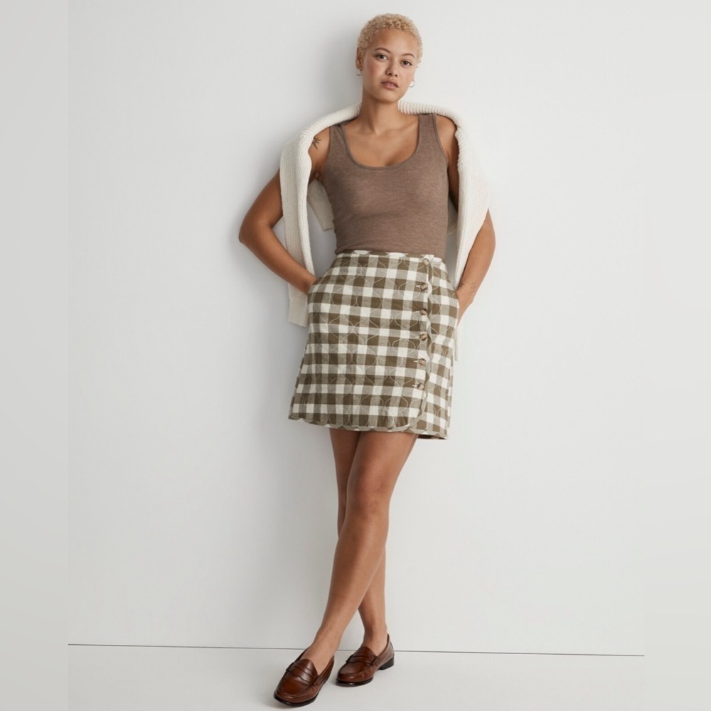 Madewell Curvy Quilted Flannel Mini Skirt in Gingham Check NWT Women’s Size 8 - Picture 1 of 12